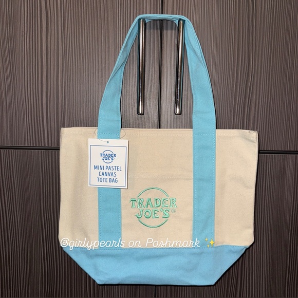 Trader Joe’s Mini Canvas Tote Bag Pastel Blue NEW - Picture 1 of 2